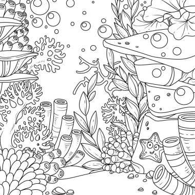 Mercanlar, denizyıldızları ve beyaz arka planda izole edilmiş deniz şakayıkları olan su altı dünyası.