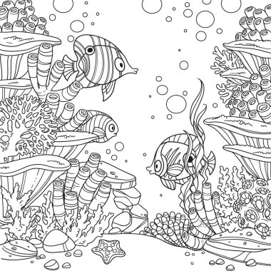 Beyaz arka planda izole edilmiş mercanlar, balıklar ve deniz şakayıkları olan su altı dünyası