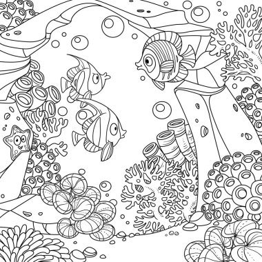 Kayalardan, mercanlardan, balıklardan, yosunlardan ve beyaz arka planda izole edilmiş şakayıklardan oluşan su altı dünyası.