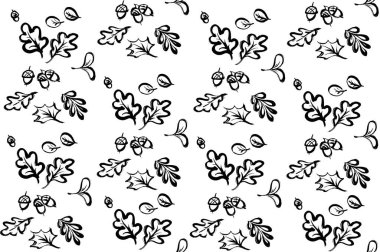 Akçaağaç yaprakları ve meşe palamudu beyaz arka planda kalın boya ve fırçayla boyanmış..