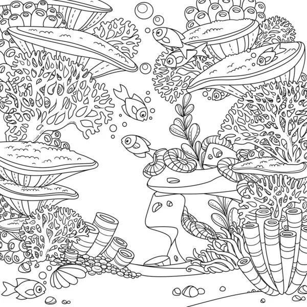 白を基調としたサンゴやアクチニア 魚が描かれた水中の漫画 — ストックベクタ