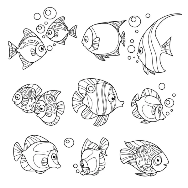 Desenhos Animados Mar Peixes Delineados Para Colorir Página Fundo Branco —  Vetores de Stock