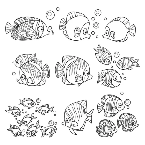 Diversión Dibujos Animados Peces Mar Conjunto Delineado Para Colorear Página — Vector de stock