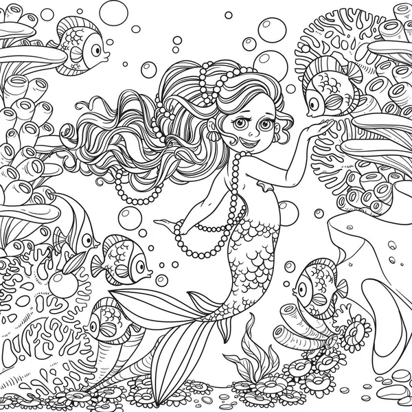 Beautiful Little Mermaid Girl Underwater World Corals Anemones Background Outlined — Stock Vector
