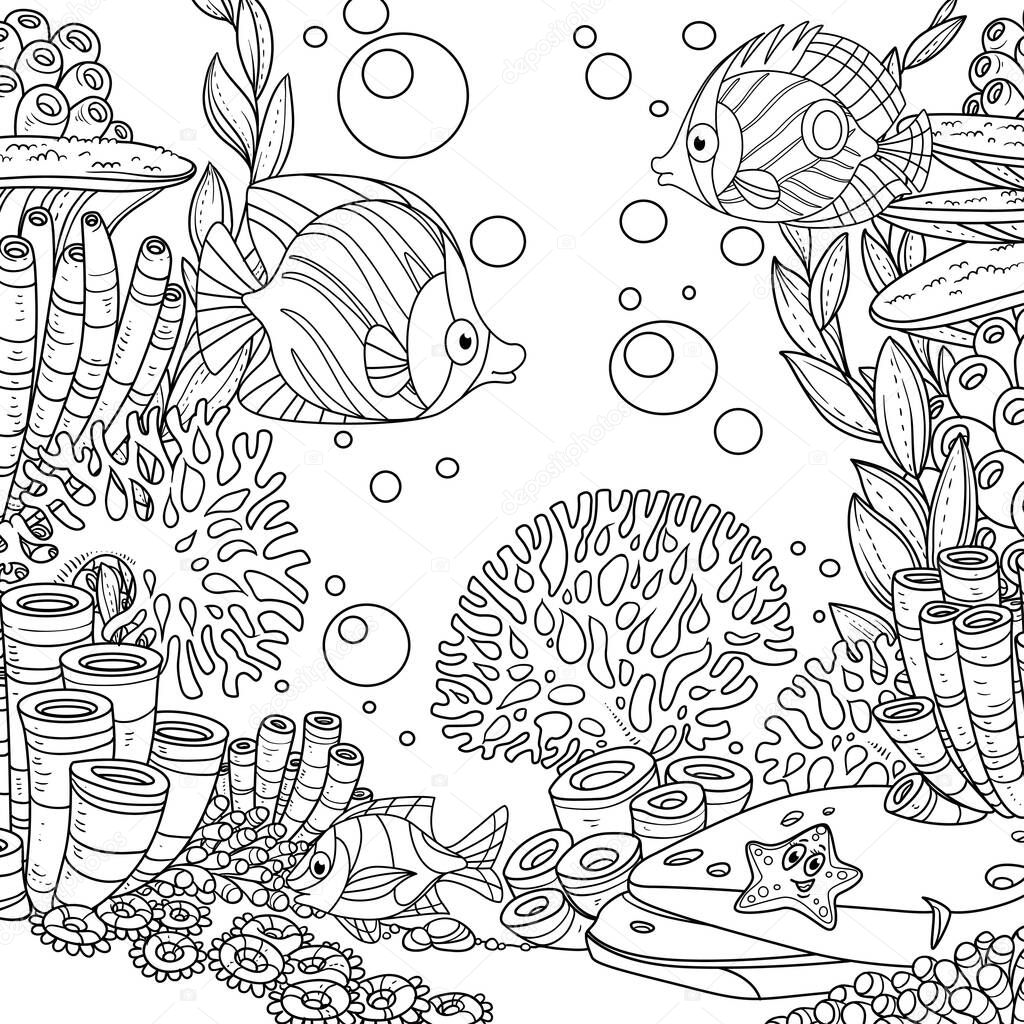 Underwater world with corals, seaweed, anemones and fishes outlined isolated on white background