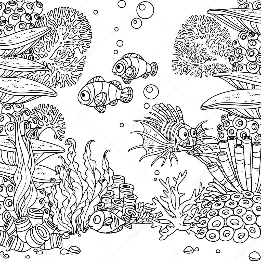 Underwater world with corals, seaweed and fishes coloring page isolated on white background