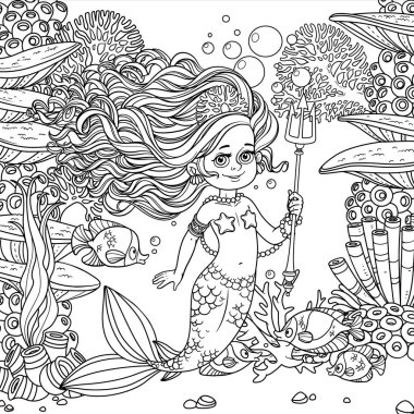 Etrafı balıklarla çevrili güzel bir deniz kızı sualtı dünyasında mercanlar, deniz yosunları ve geçmişinde balıklar olan bir mızrak taşıyor.