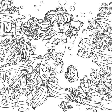 Şirin küçük deniz kızı suda yüzer ve mercanlar, balıklar ve deniz şakayıklarının özetlendiği su altı dünyasında kabuk dinler.