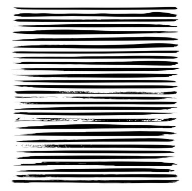 Beyaz arka planda izole edilmiş ince, uzun siyah boya darbeleri.