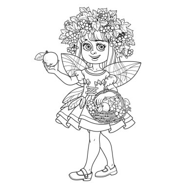 Sonbahar perisi kız viburnum çelengi ve ellerinde bir sepet meyve beyaz arka planda izole bir şekilde özetlenmiş.