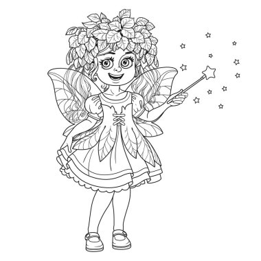 Beyaz bir arka planda izole edilmiş sihirli değneği olan bahar perisi kostümlü tatlı bir kız.