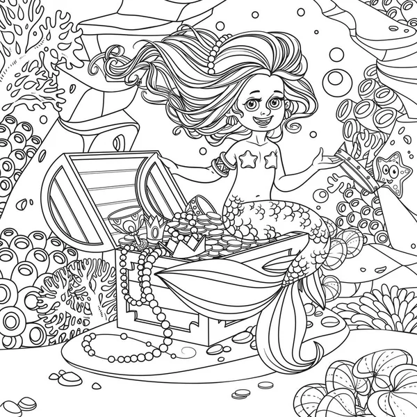 Niedliche Meerjungfrau Mädchen Sitzt Auf Einer Schatztruhe Und Halten Die — Stockvektor