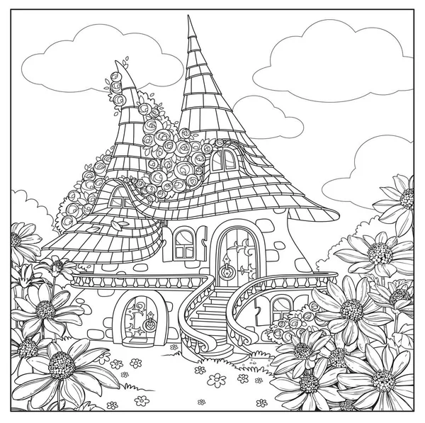 夏日童话般的大房子 有两朵房顶相连的玫瑰 轮廓分明 背景是白色的 — 图库矢量图片
