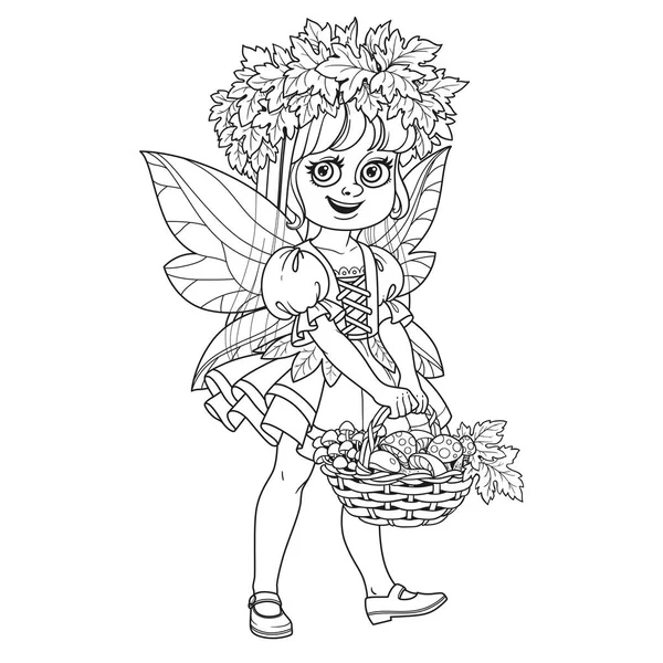 Cute Girl Fairy Costume Wreath Maple Leaves Keeps Basket Mushrooms — Stock Vector