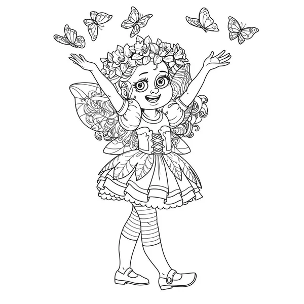 Cute Girl Costume Spring Fairy Butterflies Outlined Isolated White Background — Stock Vector