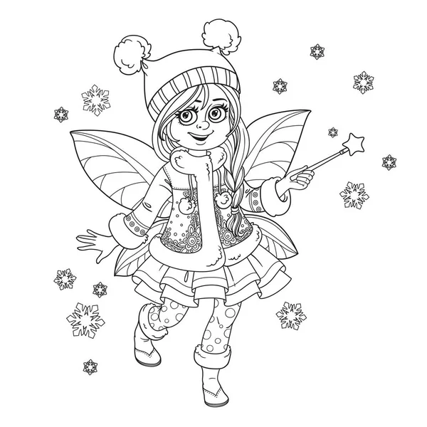 Cute Little Winter Fairy Girl Magic Wand Outlined Picture Coloring — Stock Vector