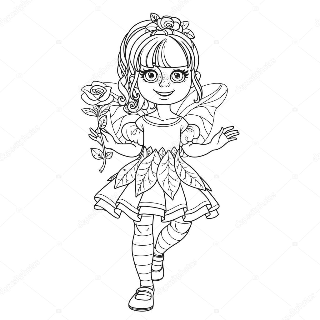 Cute girl in a fairy costume holding a large rose on the handle long outlined isolated on a white background