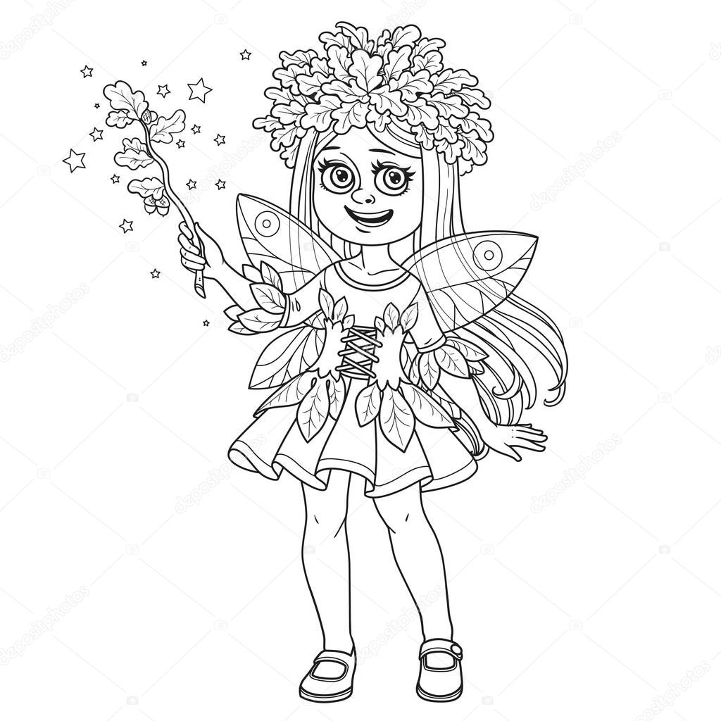 Cute in a fairy costume dressed in a suit of oak leaves and with magic wand with leaves and acorns outlined isolated on white background