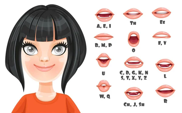 Cute Brunetka Dziewczyna Fryzurą Bob Rozmowy Usta Animacji Kobieta Znak — Wektor stockowy