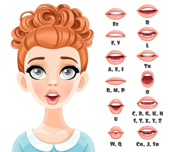 可爱的红头发女人说话嘴动画 女性角色说话嘴的表情 — 图库矢量图片