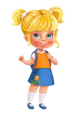 Beyaz arka planda iki örgülü ve okul çantalı şirin sarışın kız.