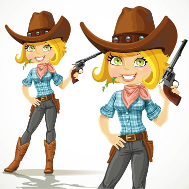 Cute blond cowgirl with revolver isolated on a white background  clipart