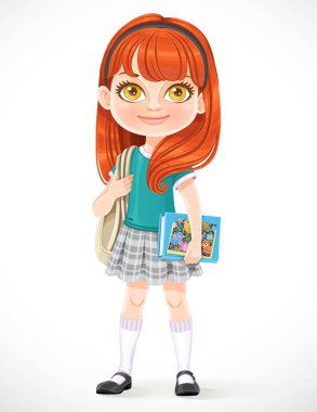 Sırt çantası ve kitaplarıyla beyaz bir arka planda izole edilmiş sevimli esmer kız öğrenci.