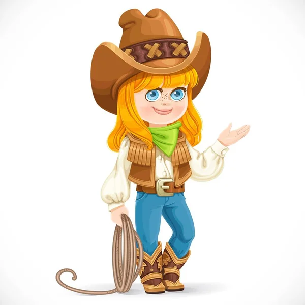Aranyos Lány Cowboy Öltöny Tartja Lasszót Elszigetelt Fehér Háttér — Stock Vector