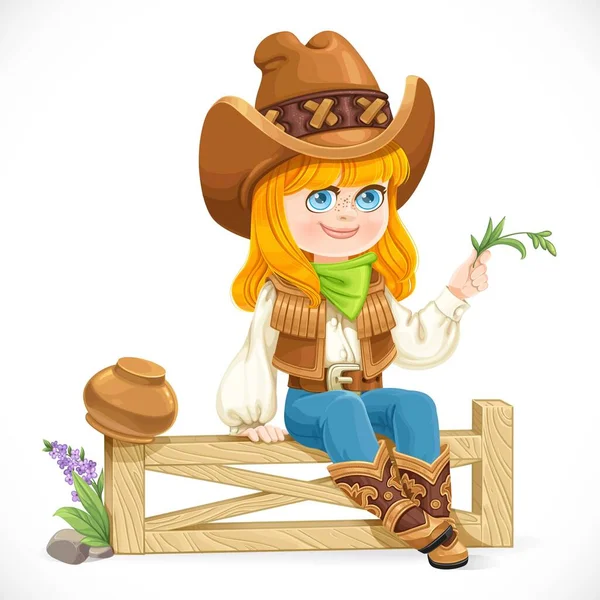 Nettes Mädchen Cowboy Kostüm Sitzt Isoliert Auf Einem Zaun Vor — Stockvektor