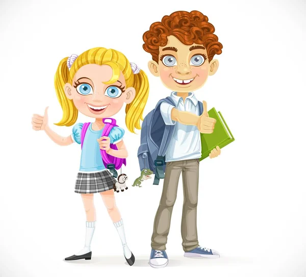 Cute Girl Boy Students Backpacks Isolated White Background — Stock Vector