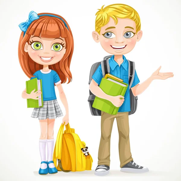 可爱的卡通片黑发女孩和金发碧眼的男孩学生 背包被白色背景隔离 — 图库矢量图片