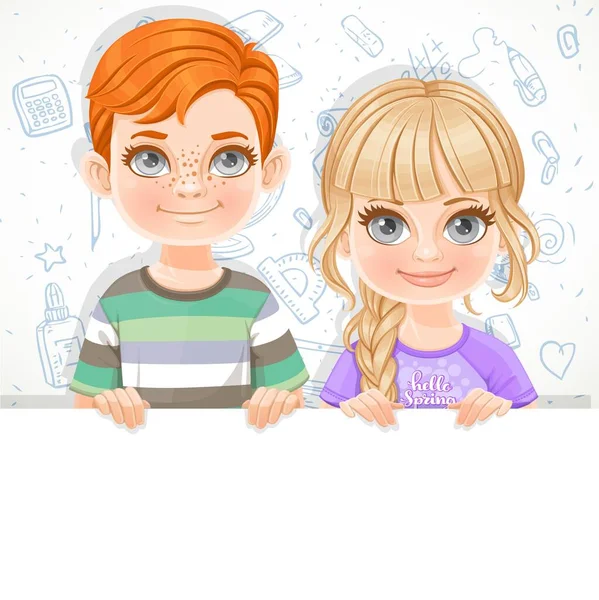 Schattig Blond Meisje Violet Tee Shirtnd Roodharige Jongen Houdt Grote — Stockvector