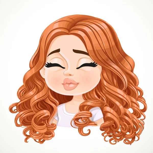 Beautiful Kisses Cartoon Brunette Girl Brown Hair Portrait Isolated White — Stock Vector