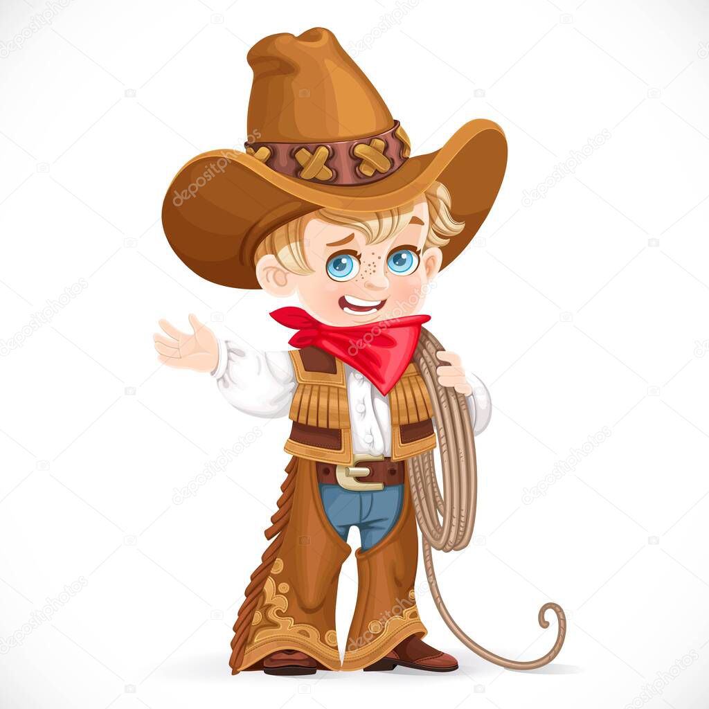 Cute little boy holds the lasso and points to the side isolated on a white background
