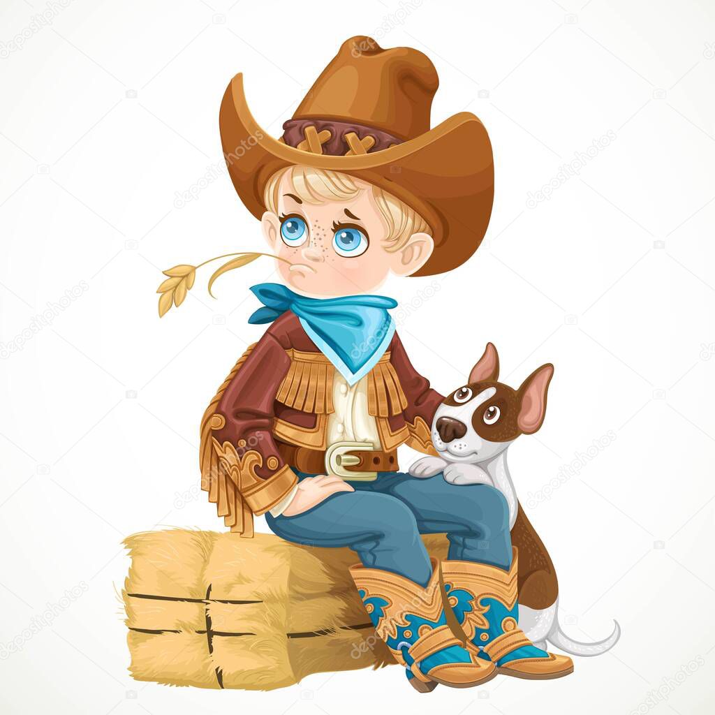 Cute boy in cowboy costume playing with dog and sitting on briquette of hay isolated on a white background