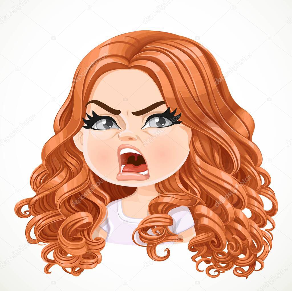 Beautiful angered cartoon brunette girl with brown hair portrait isolated on white background