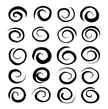 Beyaz arka planda izole edilmiş kalın siyah boyayla boyanmış spiral darbeler.