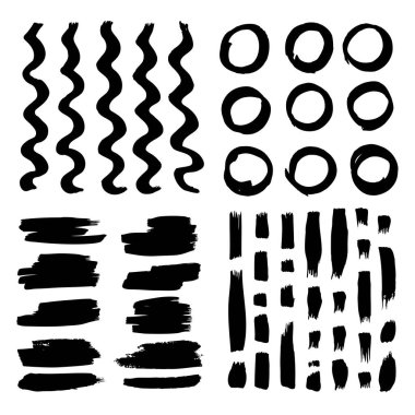 Düz, yuvarlak, dalgalı ve aralıklı vuruşlar. Beyaz arka planda izole edilmiş koyu siyah boyayla boyanmış.