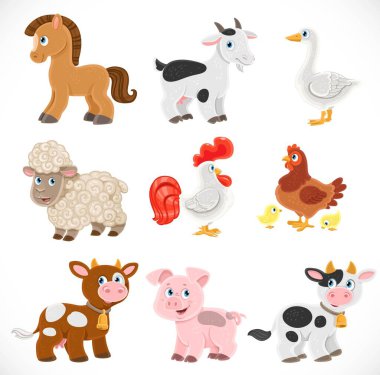 Beyaz arka planda izole edilmiş şirin çiftlik hayvanları. İnekler, tavuklar, koyunlar, horozlar, tavuklar, domuz, kaz, keçi