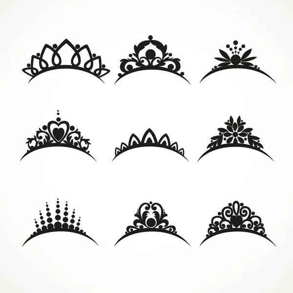 Conjunto Siluetas Tiaras Varias Formas Con Flores Corazones Sobre Fondo — Vector de stock