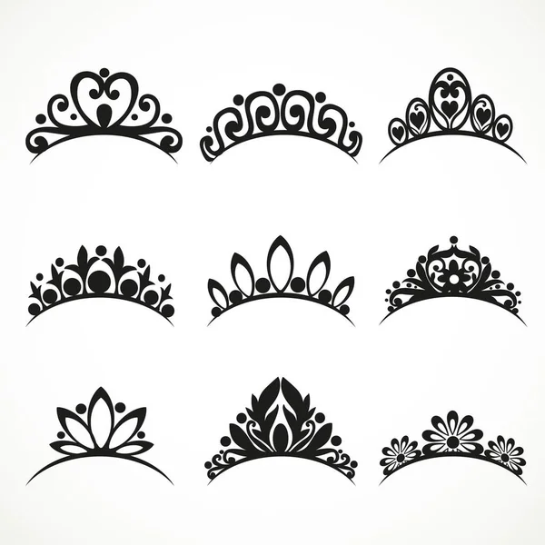 Silhouettes Tiaras Various Shapes Flowers Hearts White Background — Stock Vector