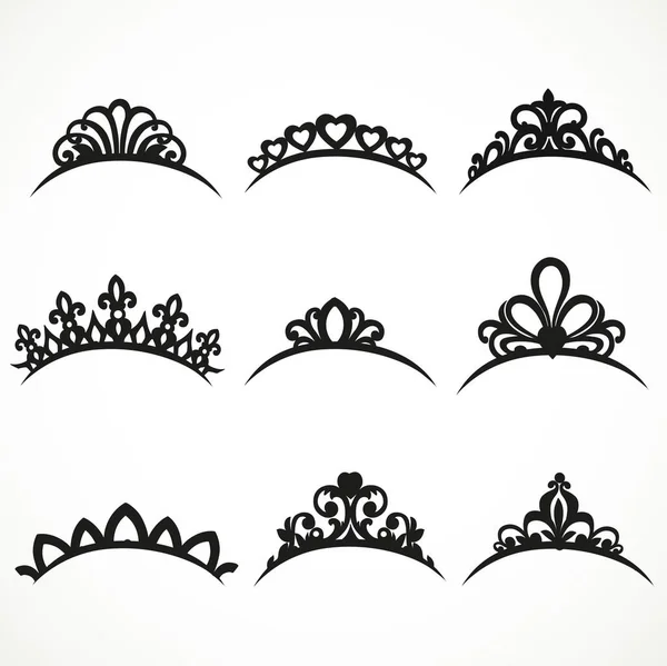 Conjunto Silhuetas Tiaras Várias Formas Sobre Fundo Branco — Vetor de Stock