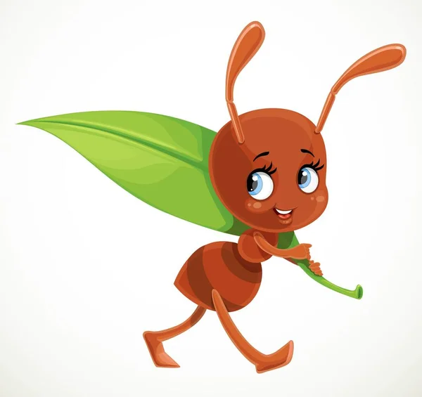 Χαριτωμένο Μυρμήγκι Κινουμένων Σχεδίων Μεταφέρουν Μεγάλο Πράσινο Ζουμερό Λεπίδα Του — Διανυσματικό Αρχείο