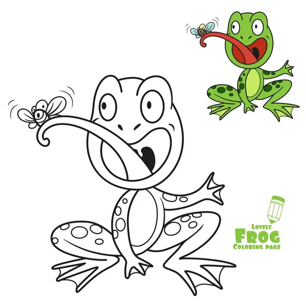 Netter Cartoon Frosch Frisst Fliegenfarbe Und Skizziert Auf Weißem Hintergrund — Stockvektor