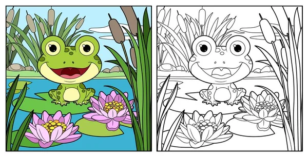 可爱的青蛙坐在百合花色的叶子上 在白色的背景上勾画出了颜色的线形草图 — 图库矢量图片