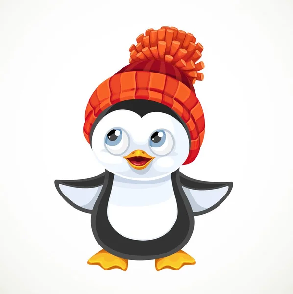 Cute Cartoon Baby Penguin Warm Knitted Hat Pompom Isolated White — Stock Vector