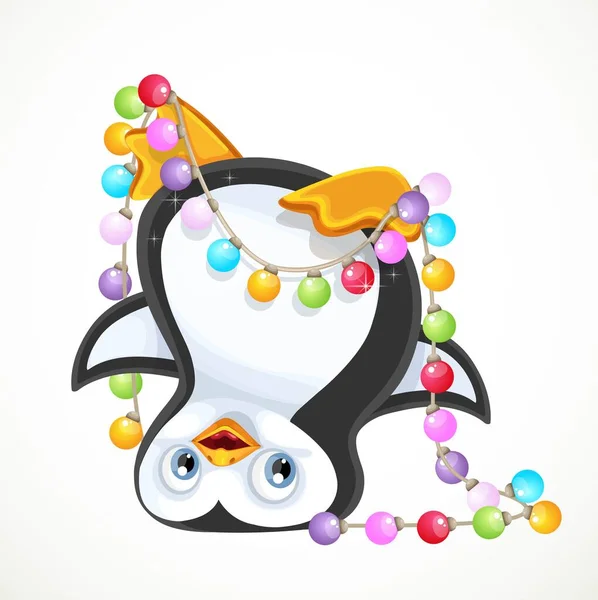 Roztomilý Tučňák Stojící Hlavě Zamotaný Nového Roku Věnce Izolované Bílém — Stockový vektor