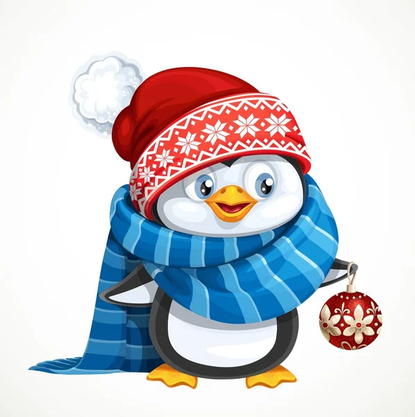 Netter Pinguin Mit Weihnachtsmütze Hält Eine Geschenkbox Isoliert Auf Weißem — Stockvektor