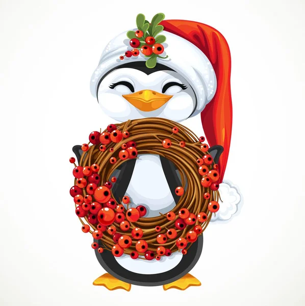 Noel Baba Şapkalı Şirin Penguen Beyaz Arka Planda Kırmızı Böğürtlenli — Stok Vektör