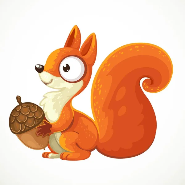 Nettes Eichhörnchen Karikatur Hält Eine Eichel Ihren Pfoten Isoliert Auf — Stockvektor